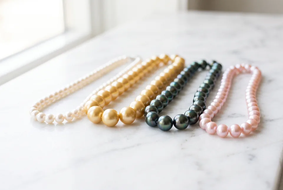 Four pearl strands compared on white marble