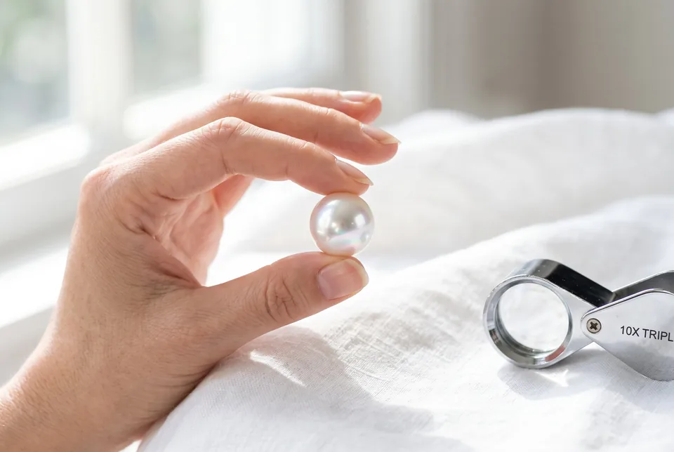 Hand holding a pearl up to the light beside a loupe
