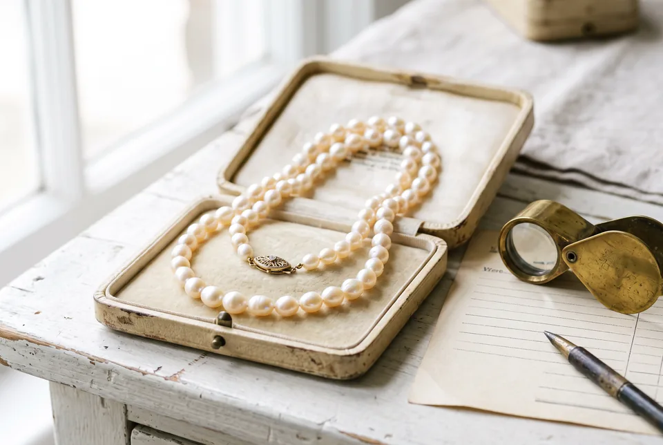 Vintage pearl necklace in a jewellery box beside a loupe and a form