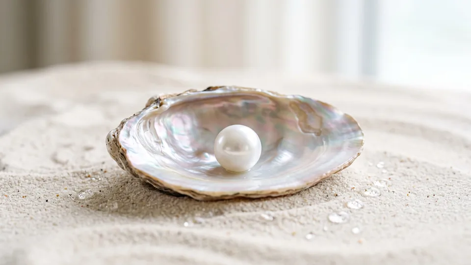 Open oyster with mother of pearl and one round white pearl on pale sand