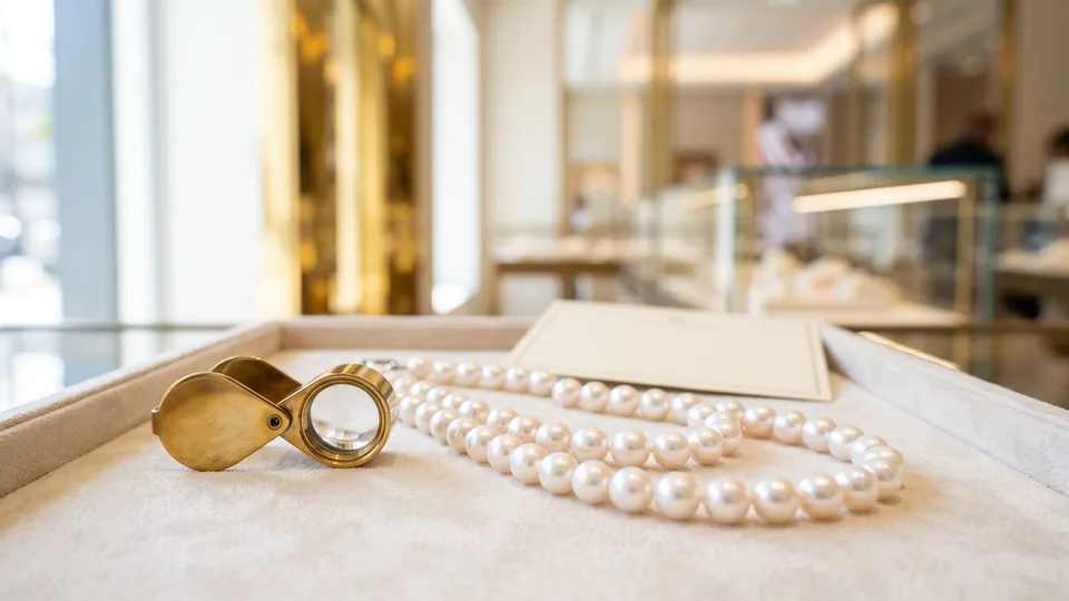 Jeweller's loupe beside an Akoya pearl strand on cream velvet