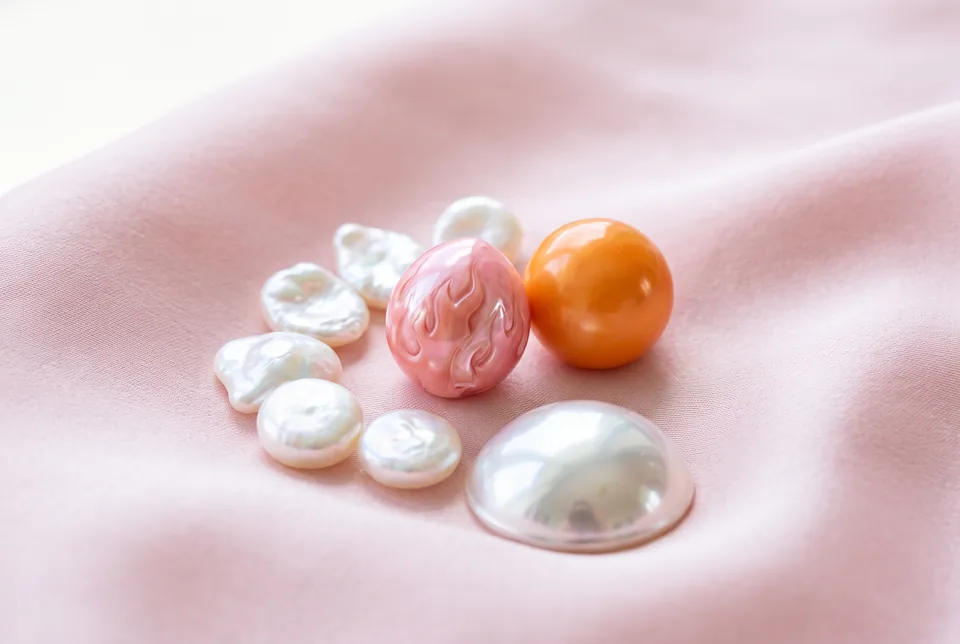 Conch, melo, keshi and mabe pearls on pink silk