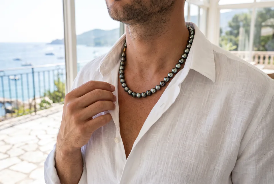 Short Tahitian pearl strand on a white linen shirt