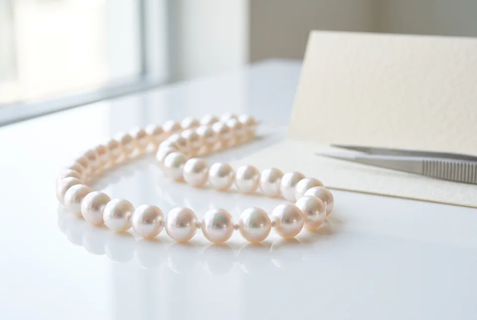 Akoya pearls with aurora overtones beside tweezers and a certificate