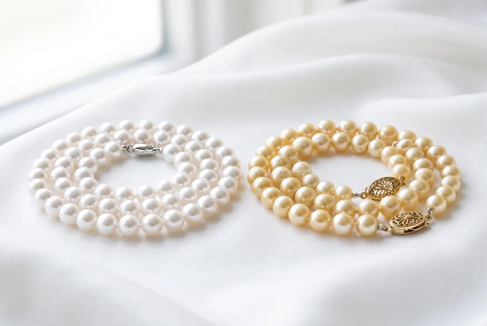 Fresh white and yellowed antique pearl strands side by side