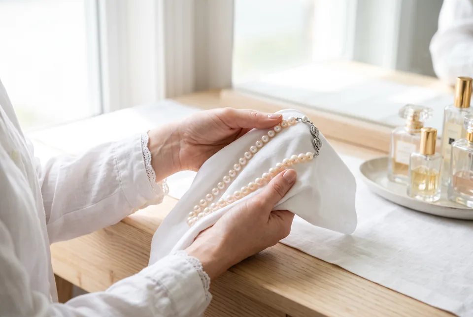 Pearl strand being cleaned with a soft cloth