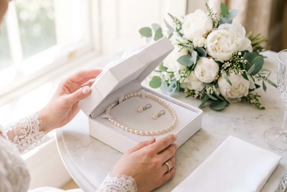 Bride's hands opening a box with pearl earrings and a strand