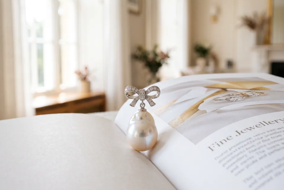 Natural pearl pendant with diamond bow on a catalogue page