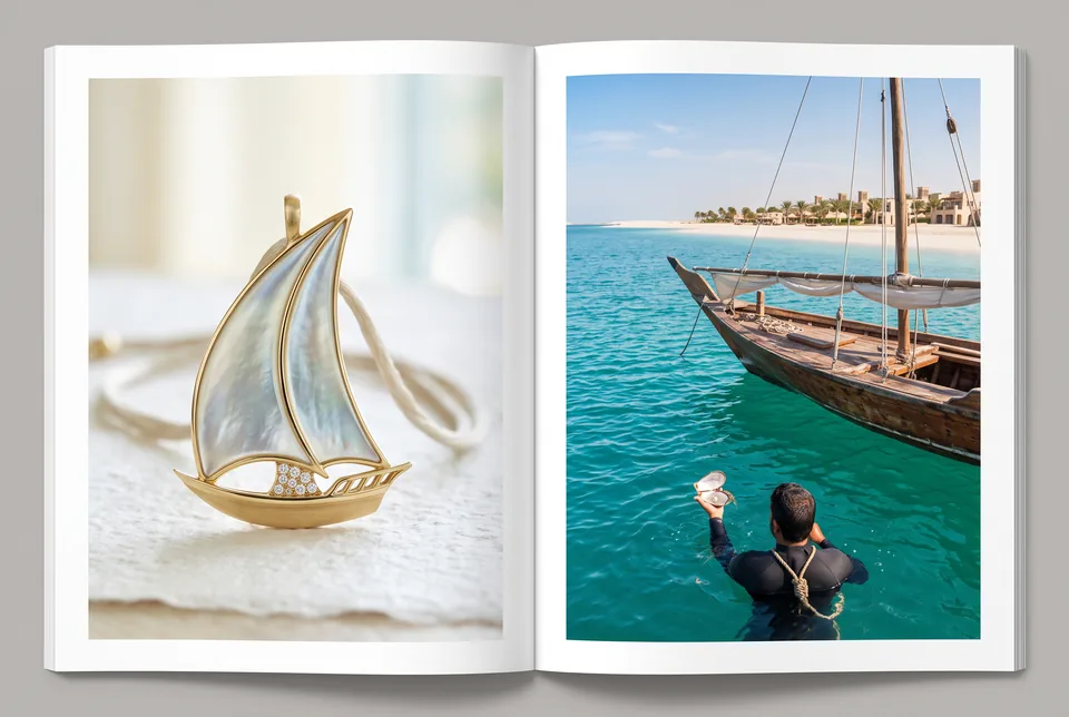 Wooden dhow on turquoise water with a surfacing pearl diver