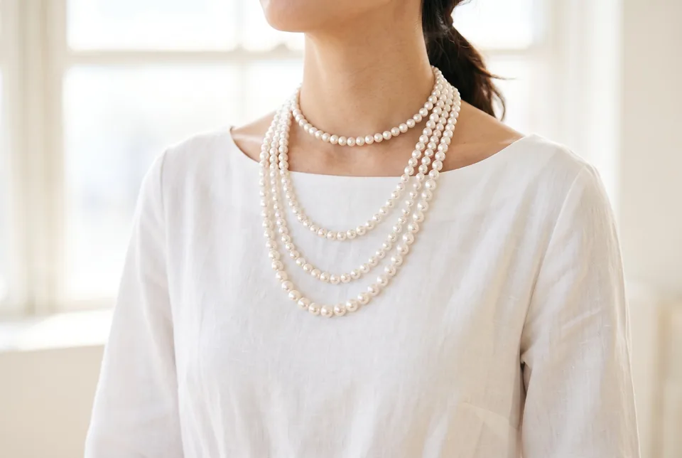 Three pearl strands of different lengths on a white dress
