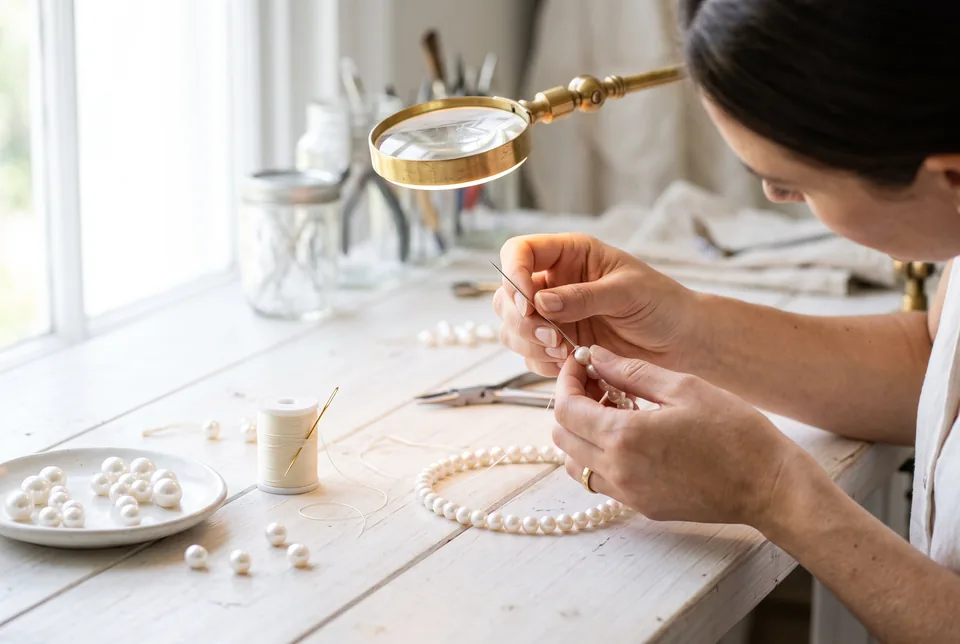 Goldsmith's hands knotting silk between pearls