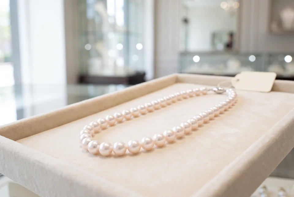 Akoya pearl necklace on cream velvet in a display case