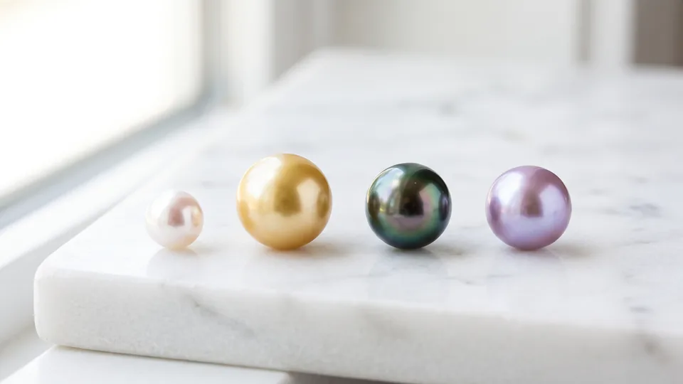 Four pearl types side by side: Akoya, South Sea, Tahitian and freshwater