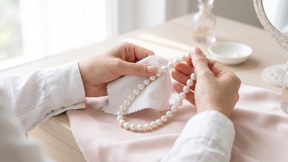 Hands wiping a pearl strand with a soft white cloth