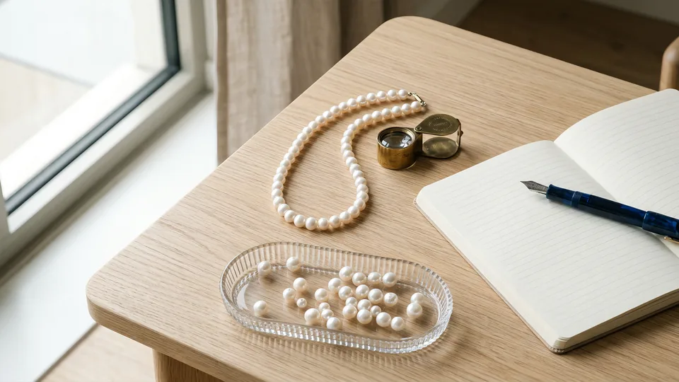 Editorial desk with pearl strand, loupe and notebook from above
