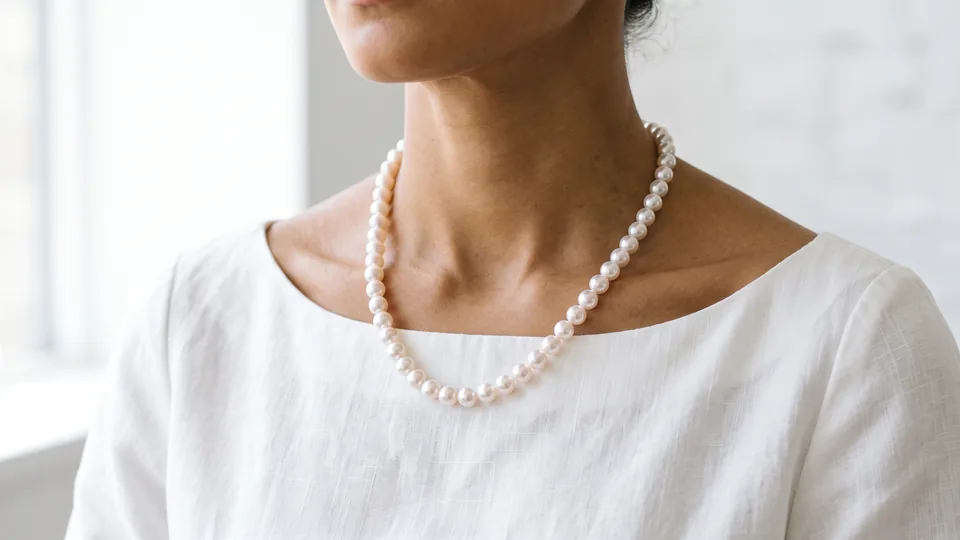 Pearl necklace on a white linen dress, neckline only