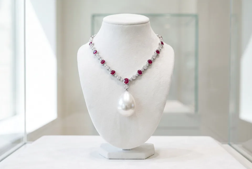 Large natural pearl pendant on a diamond necklace on white velvet