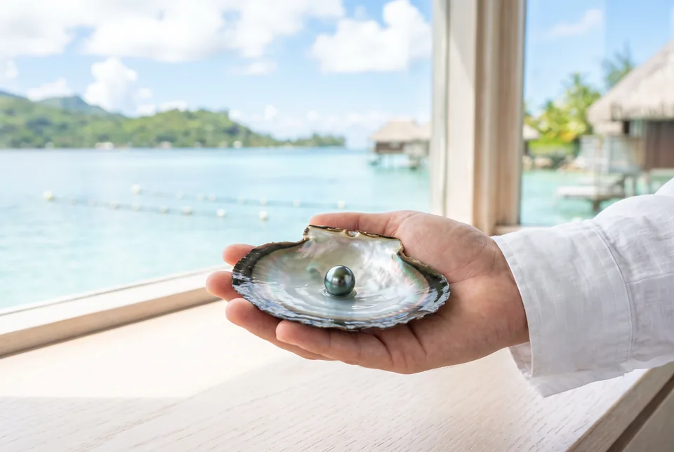 Pearl farm lagoon with a black lipped oyster and a Tahitian pearl